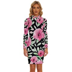 Watercolor Flowers Botanical Foliage Long Sleeve Shirt Collar Bodycon Dress