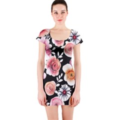 Cheerful Watercolor Flowers Short Sleeve Bodycon Dress by GardenOfOphir