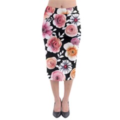 Cheerful Watercolor Flowers Midi Pencil Skirt by GardenOfOphir