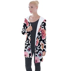 Cheerful Watercolor Flowers Longline Hooded Cardigan by GardenOfOphir