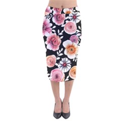 Cheerful Watercolor Flowers Velvet Midi Pencil Skirt by GardenOfOphir