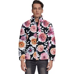 Cheerful Watercolor Flowers Men s Puffer Bubble Jacket Coat