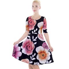 Cheerful Watercolor Flowers Quarter Sleeve A-line Dress