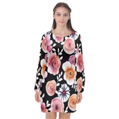 Cheerful Watercolor Flowers Long Sleeve Chiffon Shift Dress  by GardenOfOphir