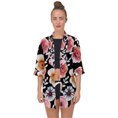 Cheerful Watercolor Flowers Open Front Chiffon Kimono