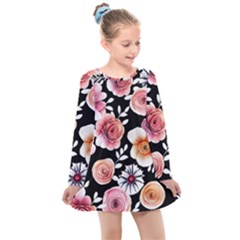 Cheerful Watercolor Flowers Kids  Long Sleeve Dress by GardenOfOphir