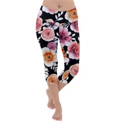 Cheerful Watercolor Flowers Lightweight Velour Capri Yoga Leggings by GardenOfOphir