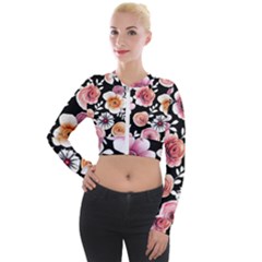 Cheerful Watercolor Flowers Long Sleeve Cropped Velvet Jacket by GardenOfOphir