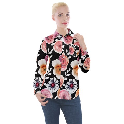 Cheerful Watercolor Flowers Women s Long Sleeve Pocket Shirt by GardenOfOphir