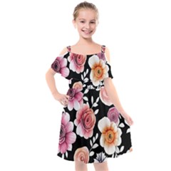 Cheerful Watercolor Flowers Kids  Cut Out Shoulders Chiffon Dress by GardenOfOphir