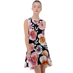 Cheerful Watercolor Flowers Frill Swing Dress