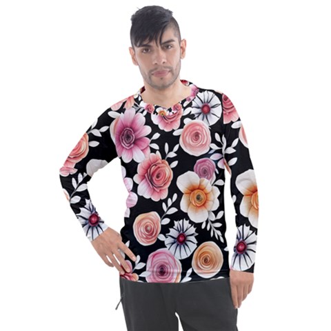 Cheerful Watercolor Flowers Men s Pique Long Sleeve Tee by GardenOfOphir