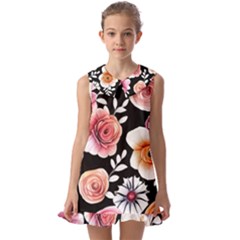 Cheerful Watercolor Flowers Kids  Pilgrim Collar Ruffle Hem Dress