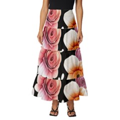 Cheerful Watercolor Flowers Tiered Ruffle Maxi Skirt