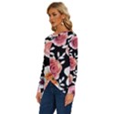 Cheerful Watercolor Flowers Long Sleeve Crew Neck Pullover Top View2