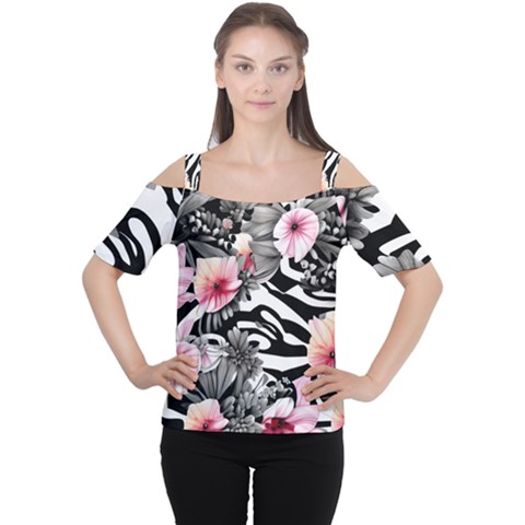 Brilliantly Hued Watercolor Flowers In A Botanical Cutout Shoulder Tee by GardenOfOphir