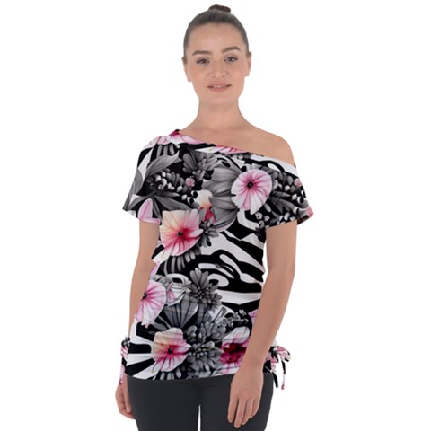 Brilliantly Hued Watercolor Flowers In A Botanical Off Shoulder Tie-up Tee by GardenOfOphir