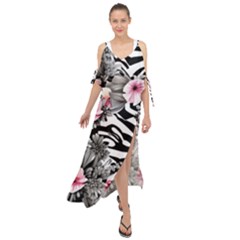 Brilliantly Hued Watercolor Flowers In A Botanical Maxi Chiffon Cover Up Dress by GardenOfOphir