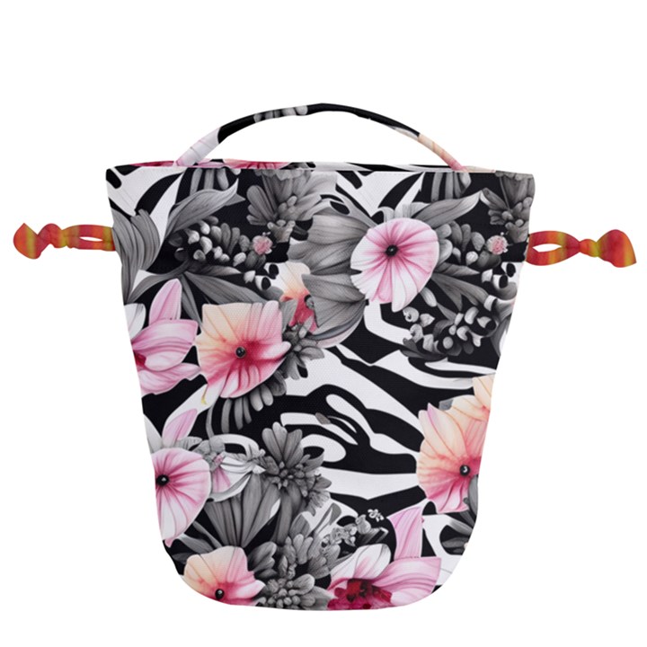 brilliantly hued watercolor flowers in a botanical Drawstring Bucket Bag