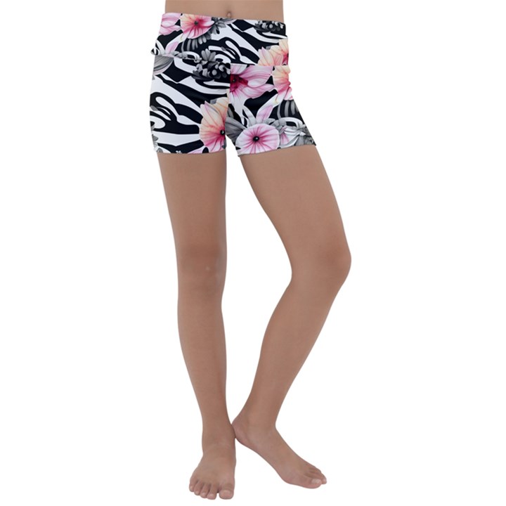 brilliantly hued watercolor flowers in a botanical Kids  Lightweight Velour Yoga Shorts