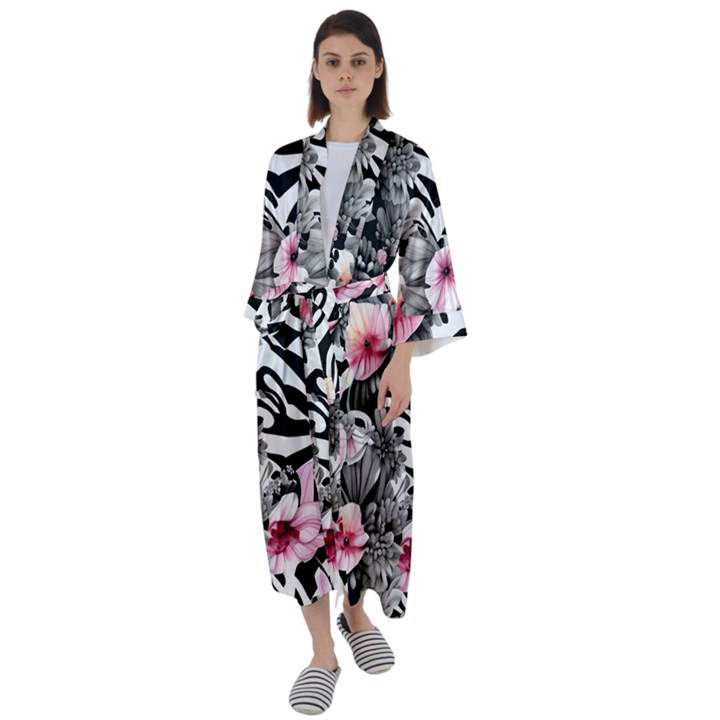 brilliantly hued watercolor flowers in a botanical Maxi Satin Kimono