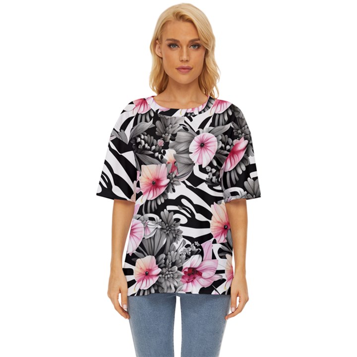 brilliantly hued watercolor flowers in a botanical Oversized Basic Tee