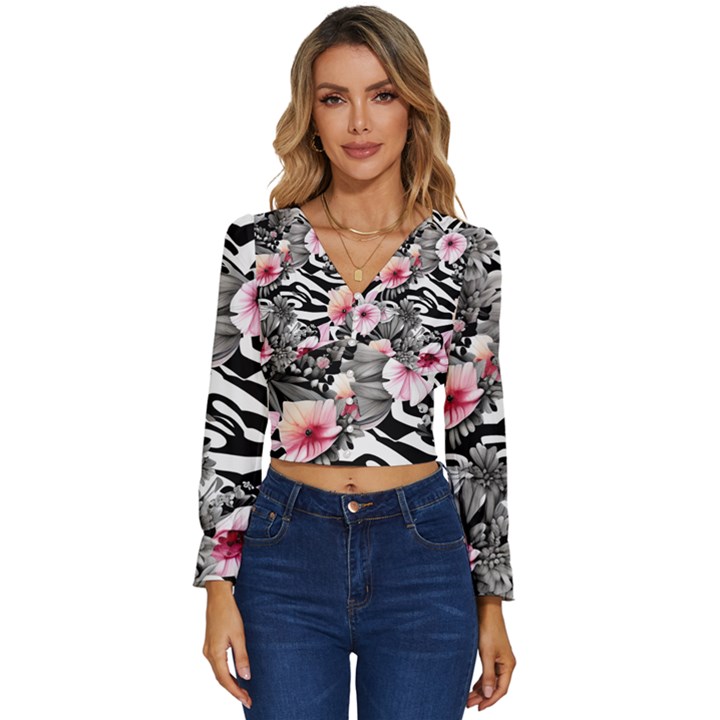 brilliantly hued watercolor flowers in a botanical Long Sleeve V-Neck Top