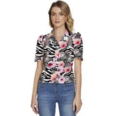 Brilliantly Hued Watercolor Flowers In A Botanical Puffed Short Sleeve Button Up Jacket