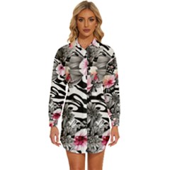 Brilliantly Hued Watercolor Flowers In A Botanical Womens Long Sleeve Shirt Dress