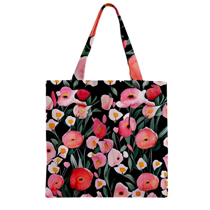 Charming Watercolor Flowers Zipper Grocery Tote Bag