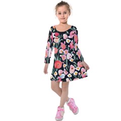 Charming Watercolor Flowers Kids  Long Sleeve Velvet Dress by GardenOfOphir