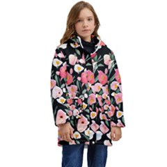 Charming Watercolor Flowers Kid s Hooded Longline Puffer Jacket by GardenOfOphir