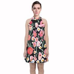 Charming Watercolor Flowers Velvet Halter Neckline Dress  by GardenOfOphir