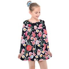 Charming Watercolor Flowers Kids  Long Sleeve Dress by GardenOfOphir