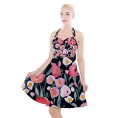 Charming Watercolor Flowers Halter Party Swing Dress  by GardenOfOphir