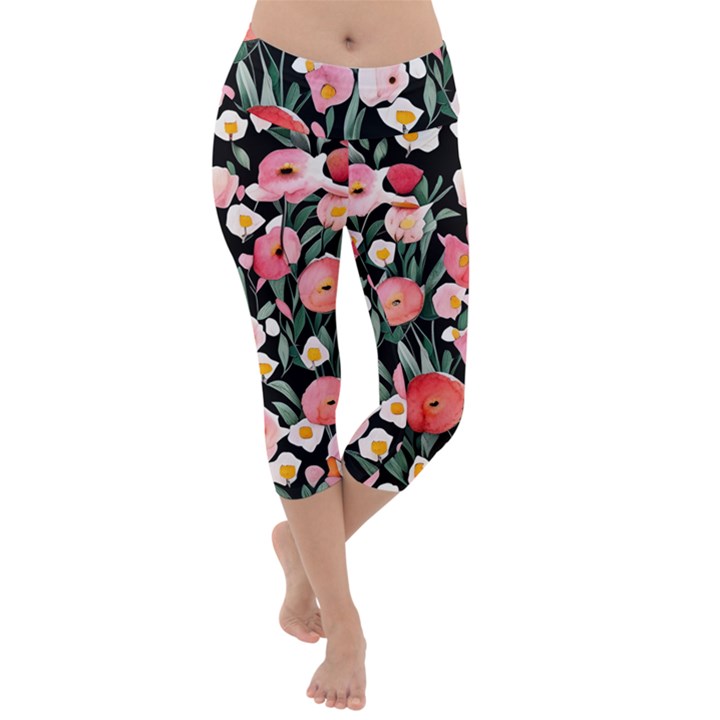 Charming Watercolor Flowers Lightweight Velour Capri Yoga Leggings