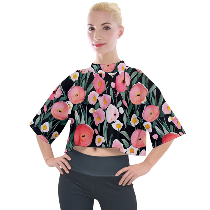 Charming Watercolor Flowers Mock Neck Tee