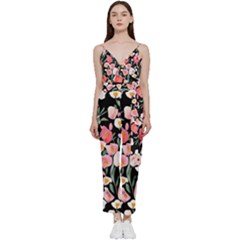 Charming Watercolor Flowers V-neck Spaghetti Strap Tie Front Jumpsuit