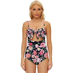 Charming Watercolor Flowers Knot Front One-piece Swimsuit by GardenOfOphir