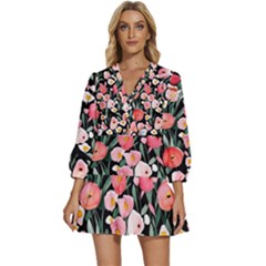 Charming Watercolor Flowers V-neck Placket Mini Dress