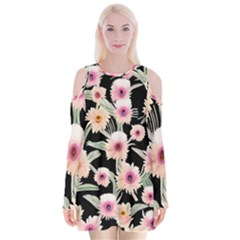 Watercolor Vintage Retro Floral Velvet Long Sleeve Shoulder Cutout Dress