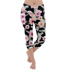 Watercolor Vintage Retro Floral Lightweight Velour Capri Yoga Leggings by GardenOfOphir