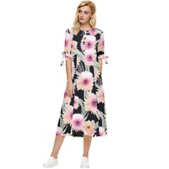 Watercolor Vintage Retro Floral Bow Sleeve Chiffon Midi Dress by GardenOfOphir