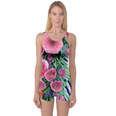 Adorned Watercolor Flowers One Piece Boyleg Swimsuit by GardenOfOphir