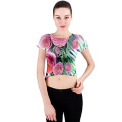 Adorned Watercolor Flowers Crew Neck Crop Top by GardenOfOphir