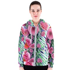 Adorned Watercolor Flowers Women s Zipper Hoodie by GardenOfOphir