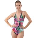 Adorned watercolor flowers Halter Cut-Out One Piece Swimsuit View1