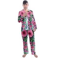 Adorned Watercolor Flowers Men s Long Sleeve Satin Pajamas Set by GardenOfOphir