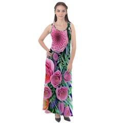 Adorned Watercolor Flowers Sleeveless Velour Maxi Dress by GardenOfOphir