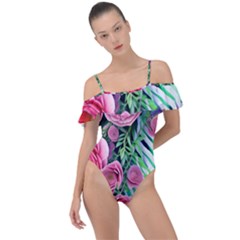 Adorned Watercolor Flowers Frill Detail One Piece Swimsuit by GardenOfOphir